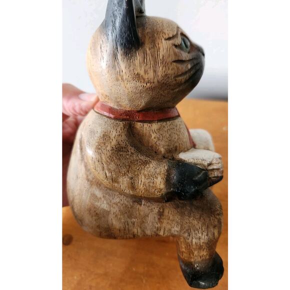 Vintage Folk Art Cat w/ Book & Red Tie Handmade Wooden Whimsical Shelf Sitter 7" - Picture 11 of 11